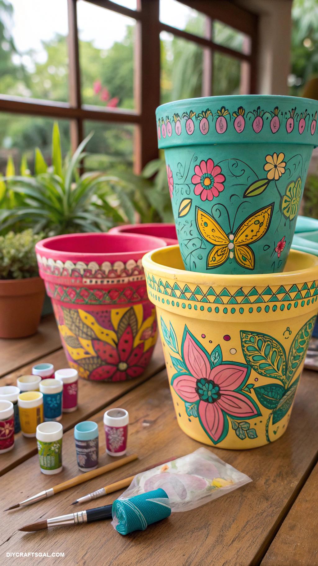 spring crafts Painted flower pots with vibrant designs
