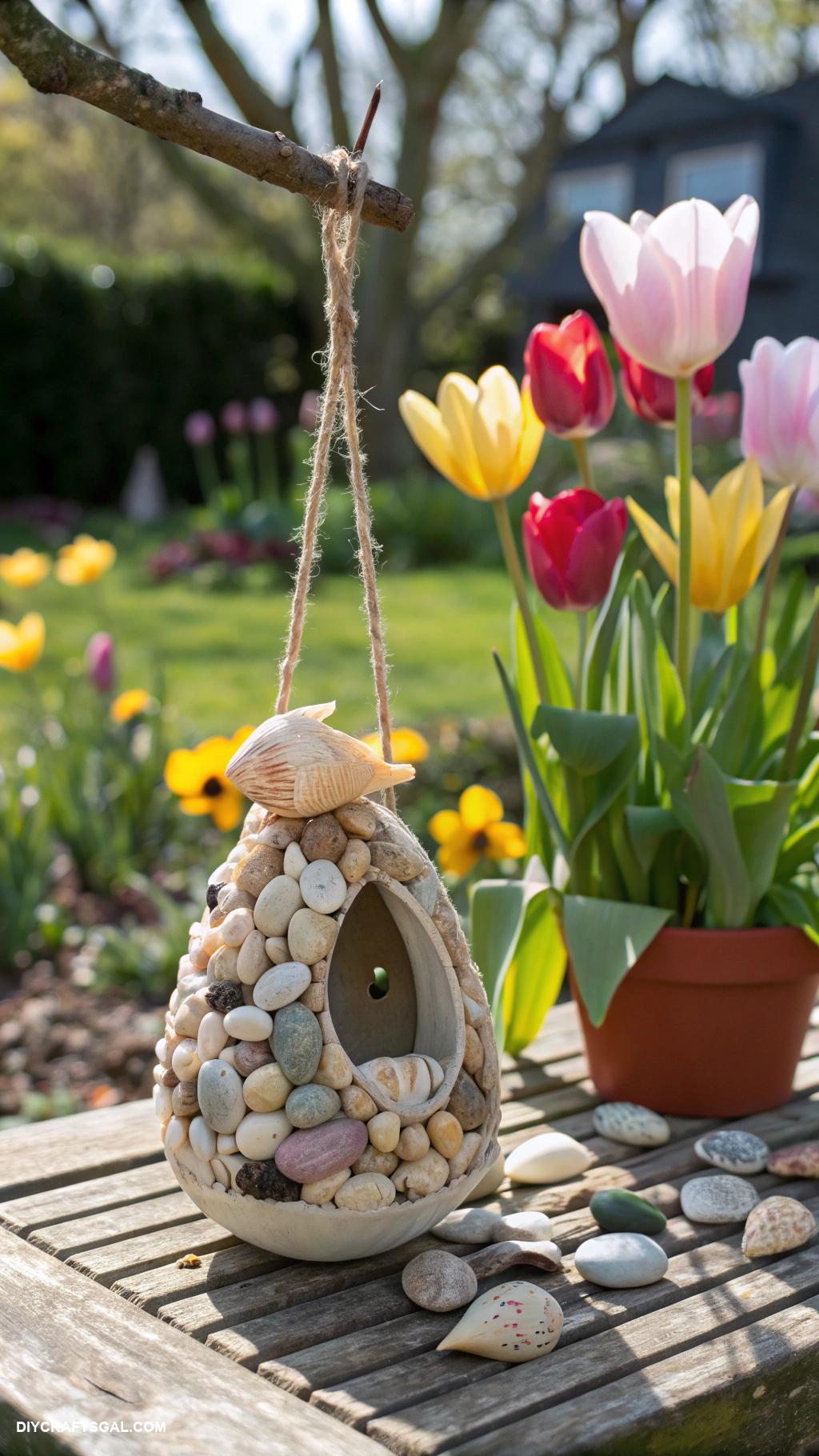 spring crafts Shell and pebble bird feeders for wildlife