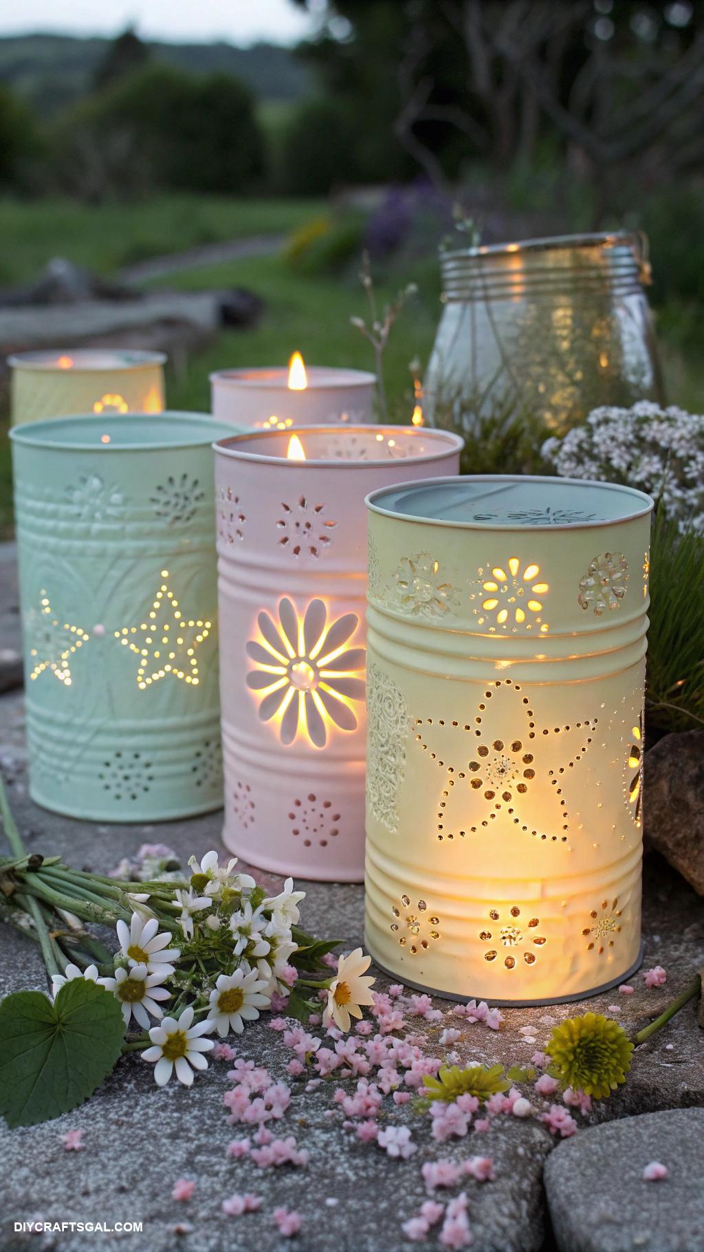 spring crafts Upcycled tin can lanterns for outdoor decor