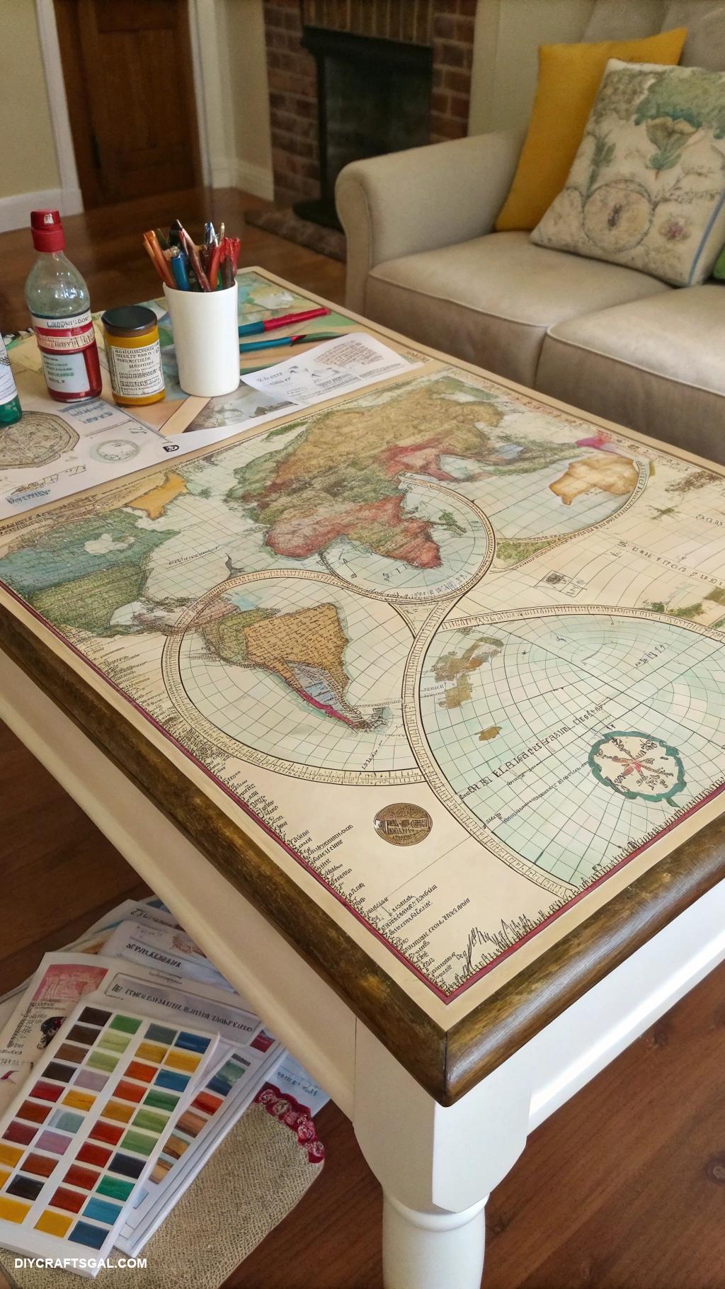 table top painting ideas Vintage map decoupage tabletop