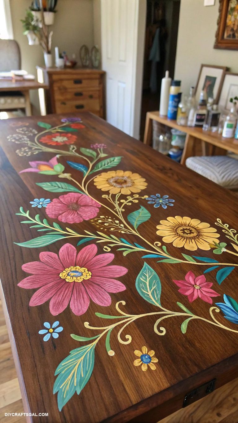 table top painting ideas Wood stain with colorful floral designs