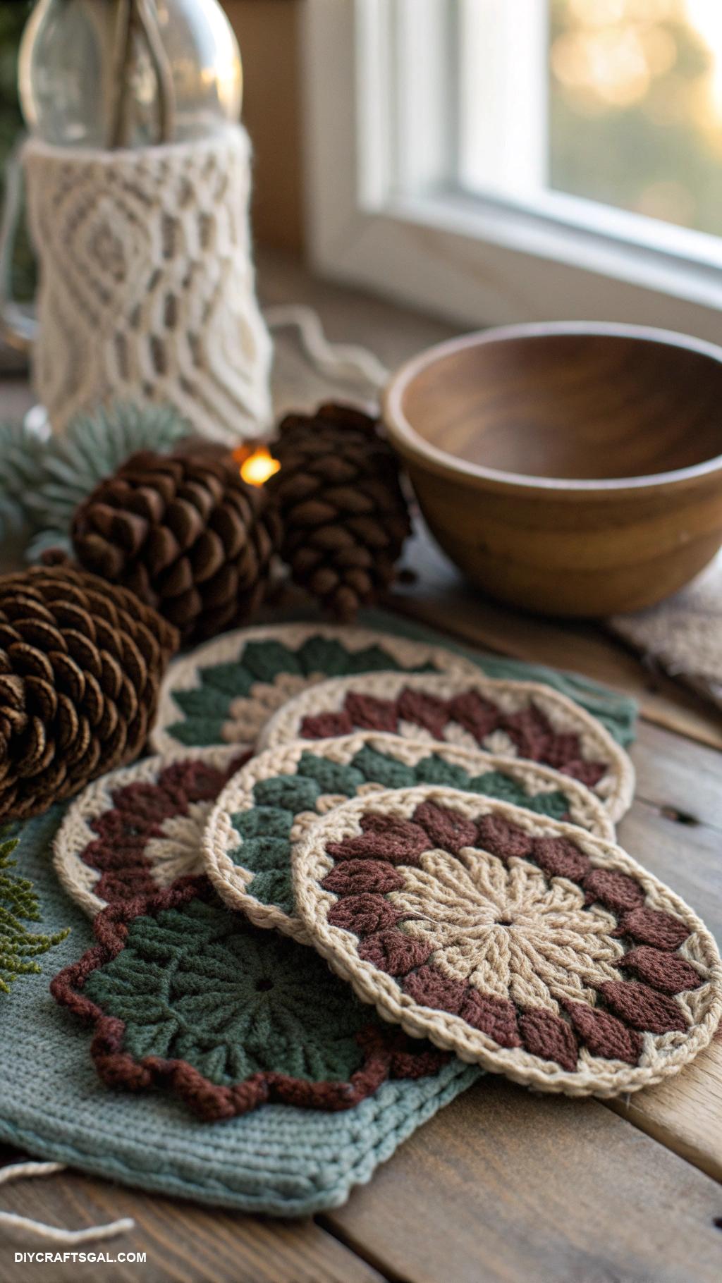winter crochet projects Pinecone inspired crochet coasters