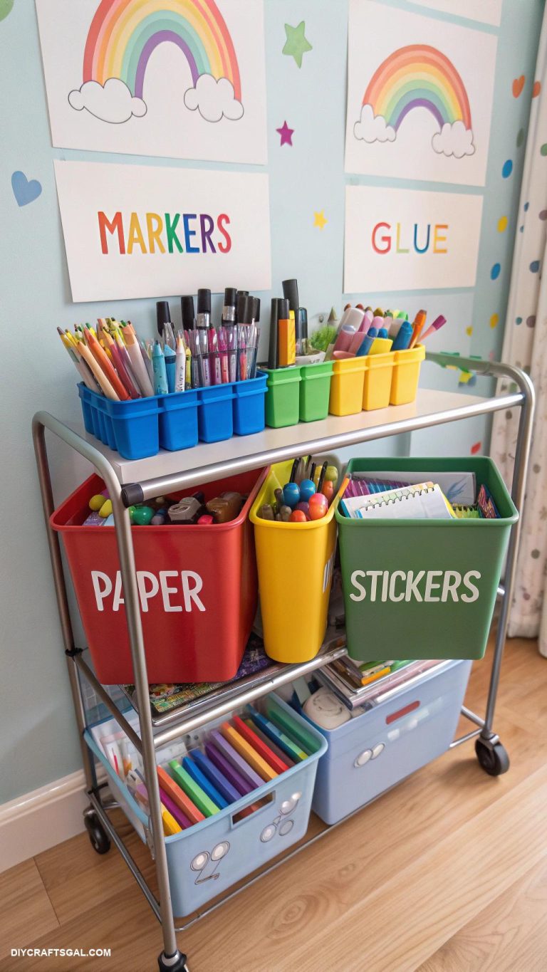 art cart organization for kids Color coded bins for supplies