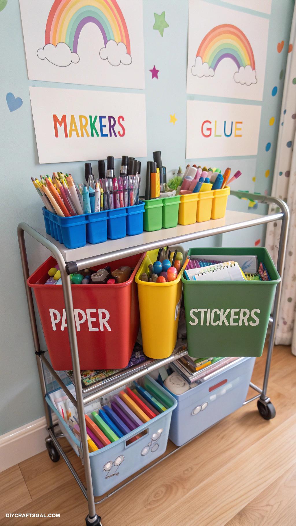 art cart organization for kids Color coded bins for supplies