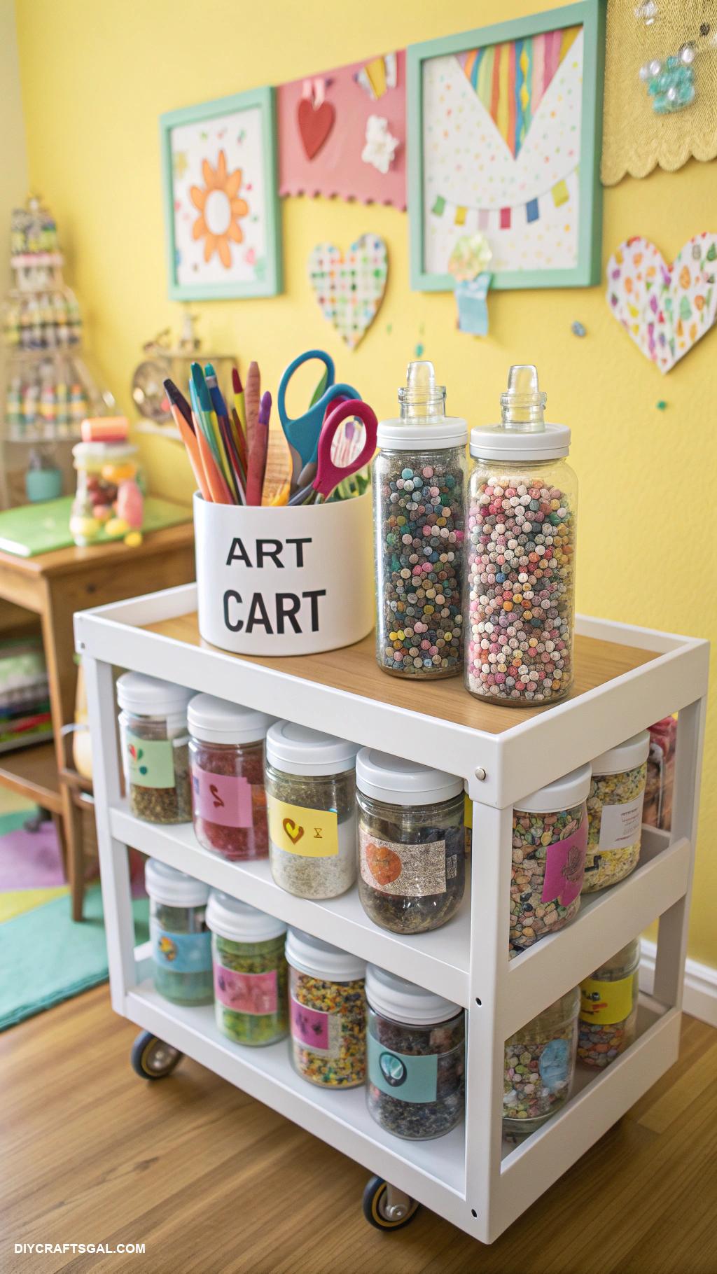 art cart organization for kids Labeled jars for small items