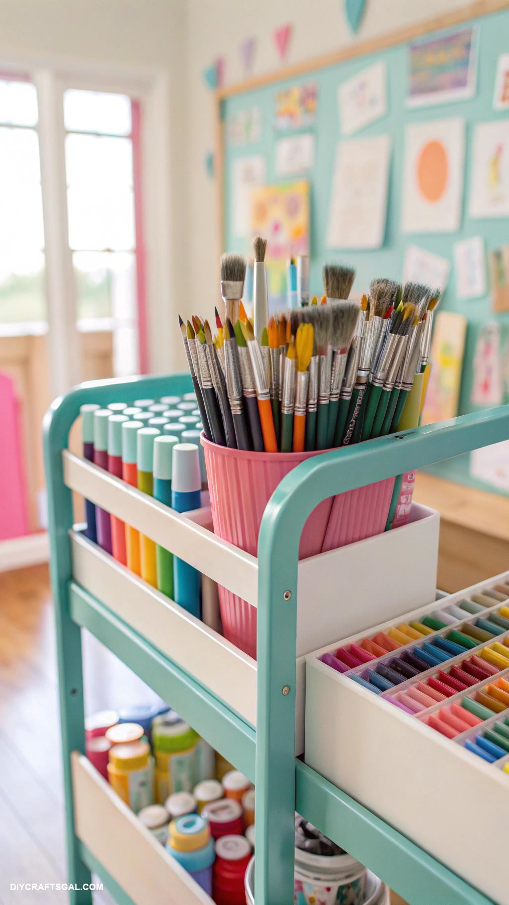 art cart organization for kids Magnetic strips for paintbrushes