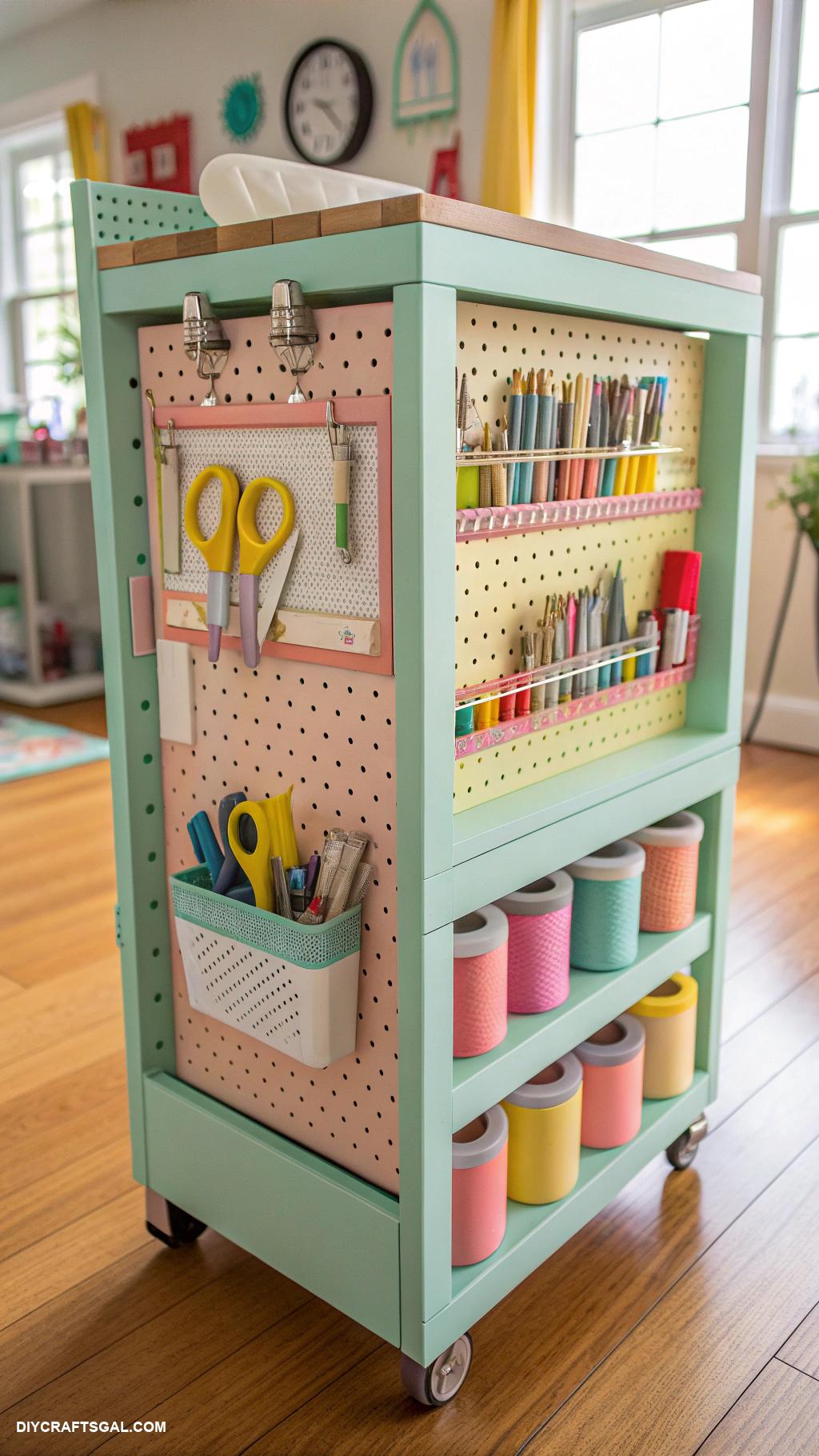 art cart organization for kids Rolling cart with pegboard sides