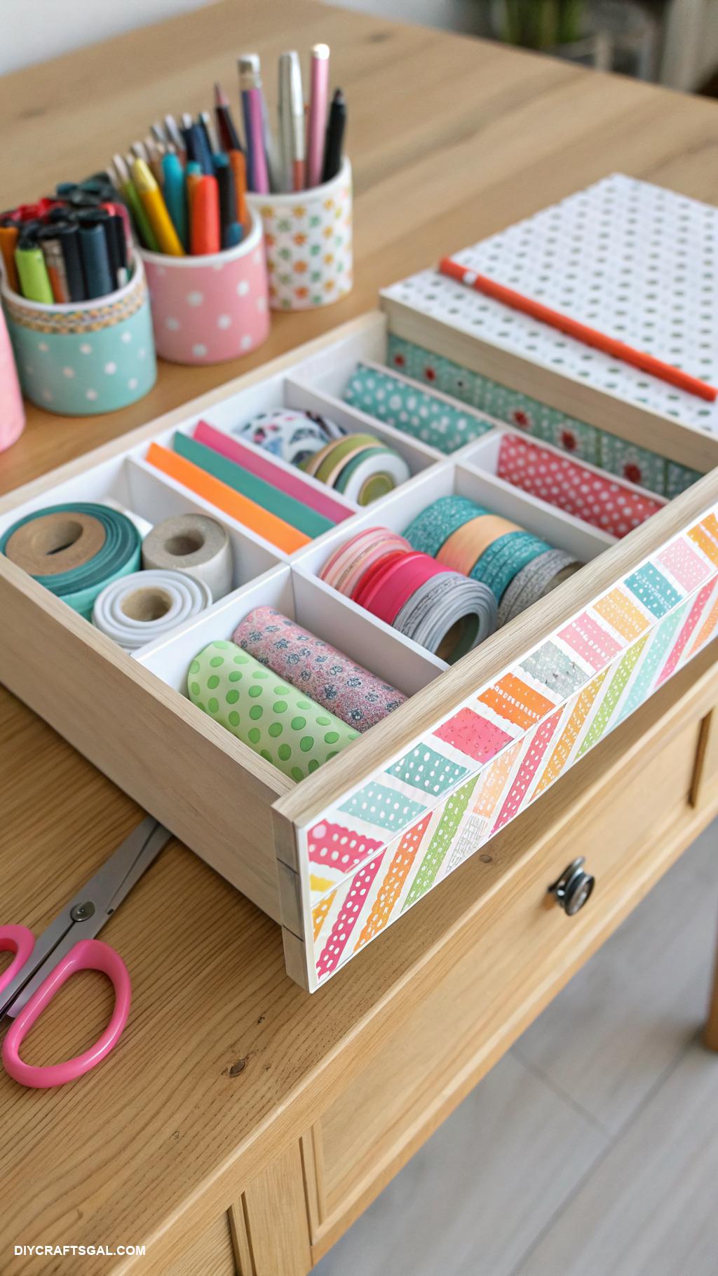 craft table with storage ideas Drawer organizers with washi tape designs