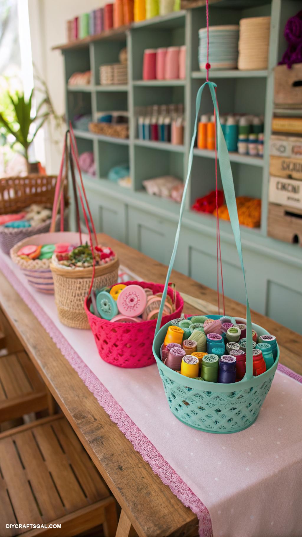 craft table with storage ideas Hanging baskets for yarn and fabric