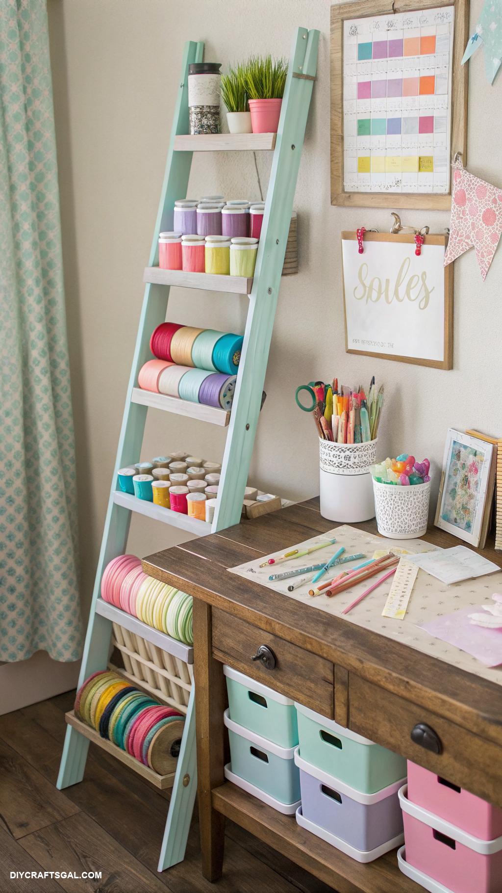 craft table with storage ideas Ladder shelf for vertical crafting space