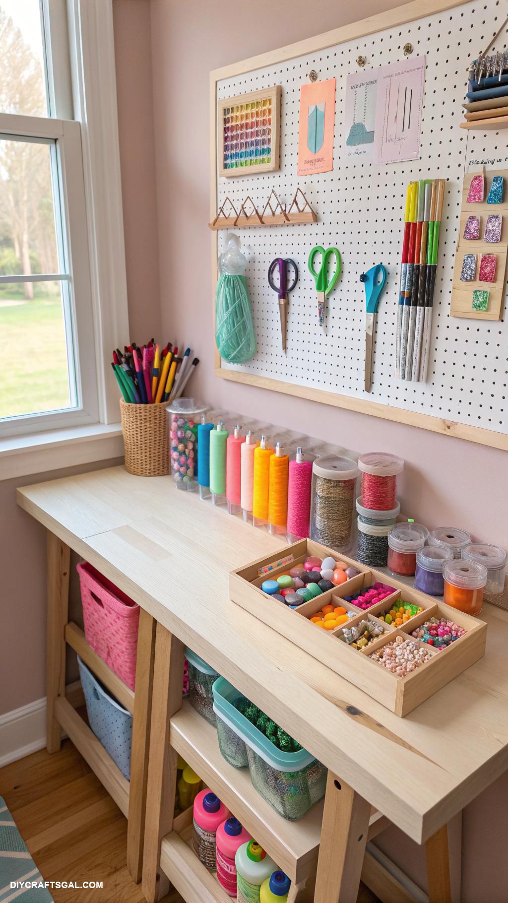craft table with storage ideas Pegboard wall for easy tool access