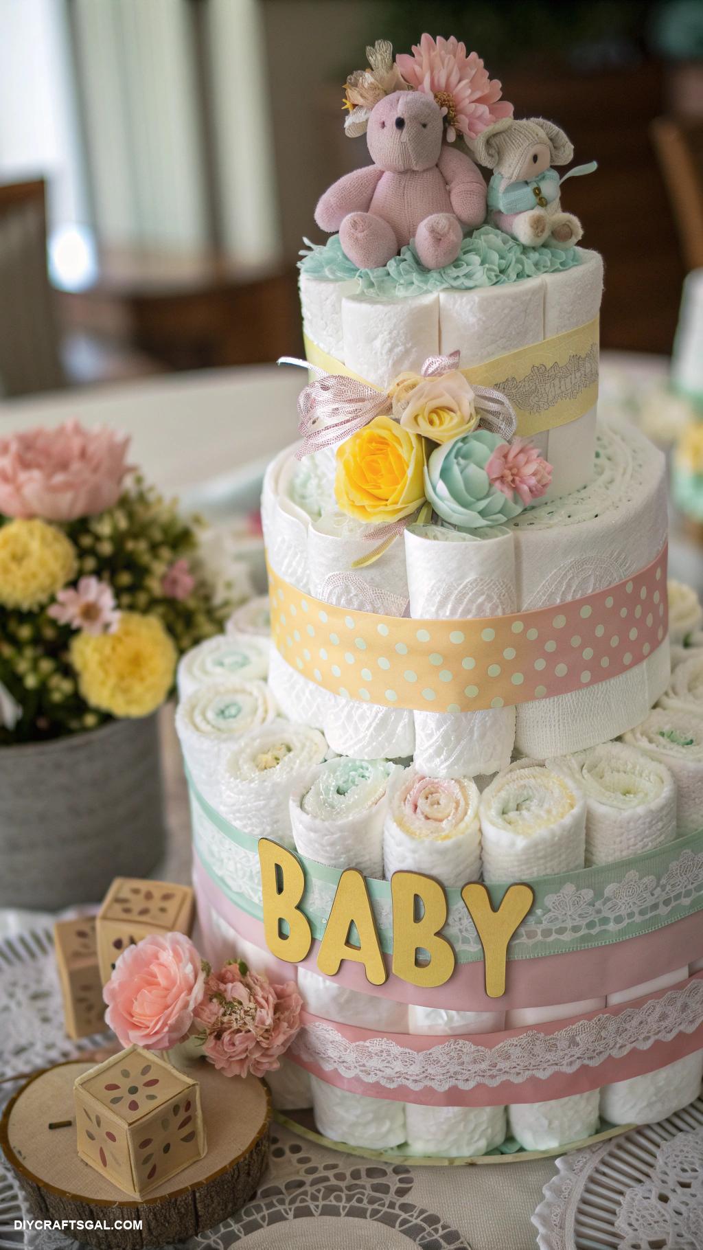 diy baby shower gifts Decorative diaper cake with themed accents