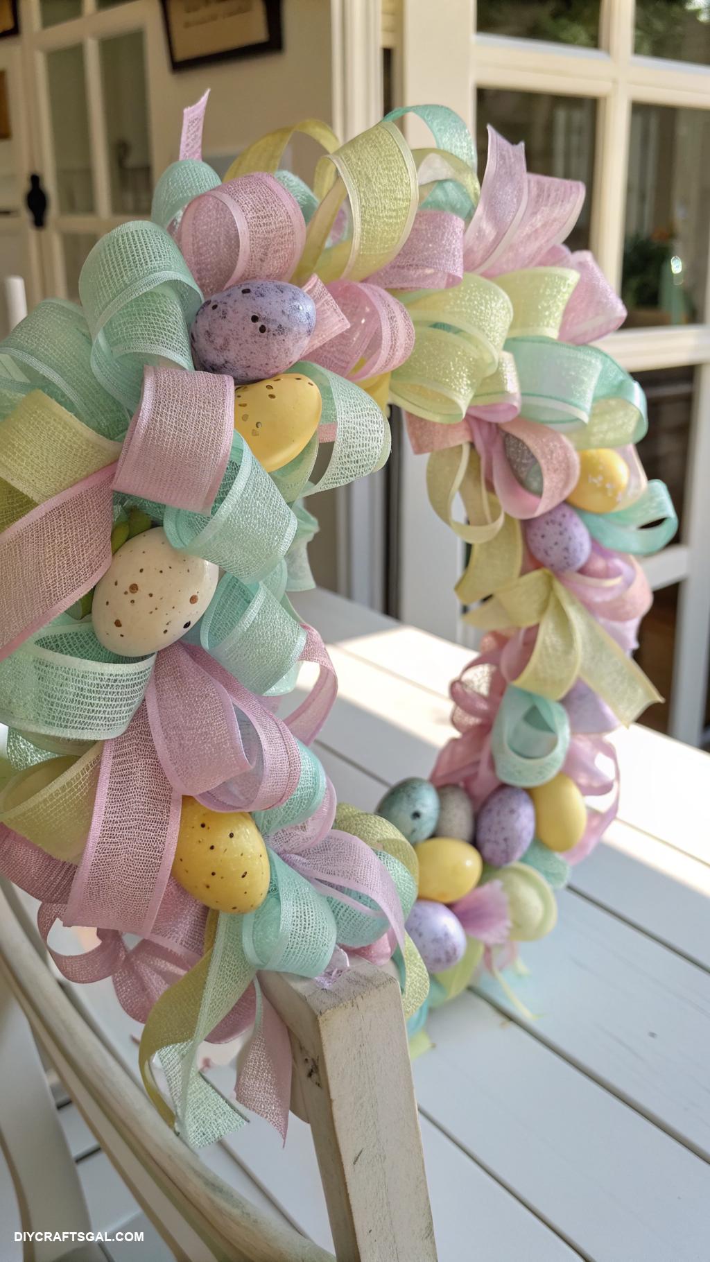 diy easter decorations Easter wreath made from pastel ribbons
