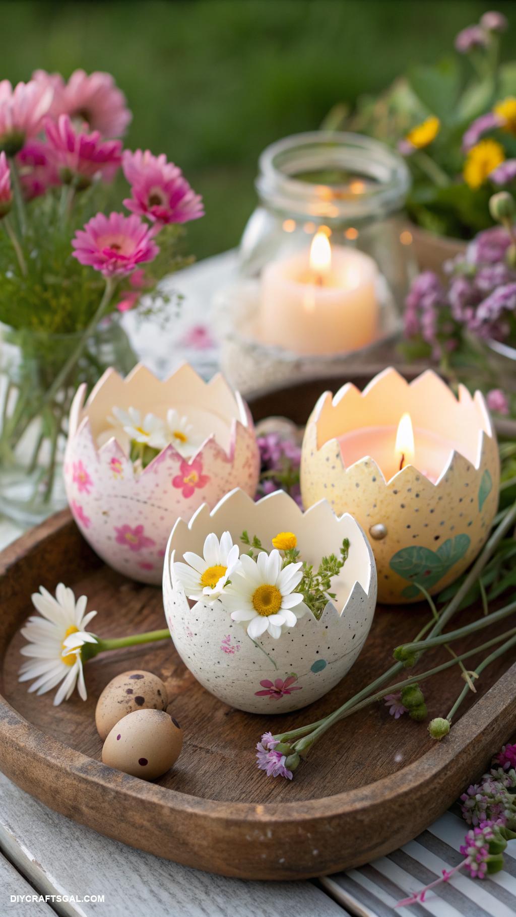 diy easter decorations Eggshell candle holders with flowers