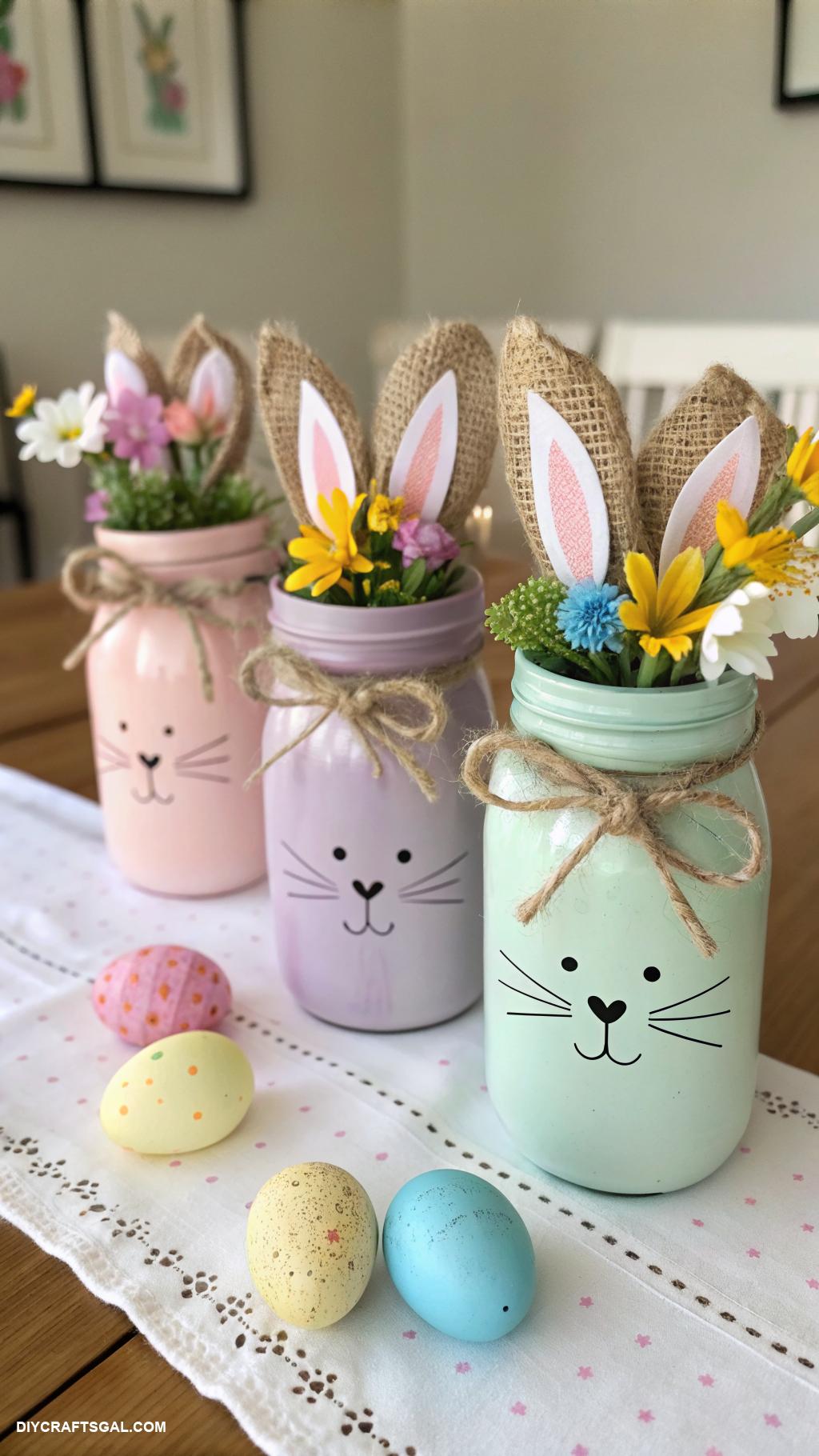 diy easter decorations Mason jar bunny rabbit centerpieces