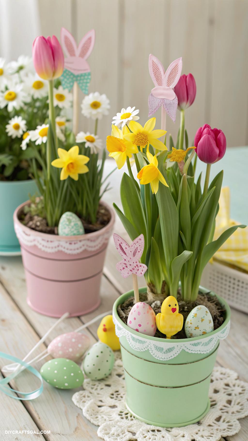 diy easter decorations Potted flowers with Easter themed stakes