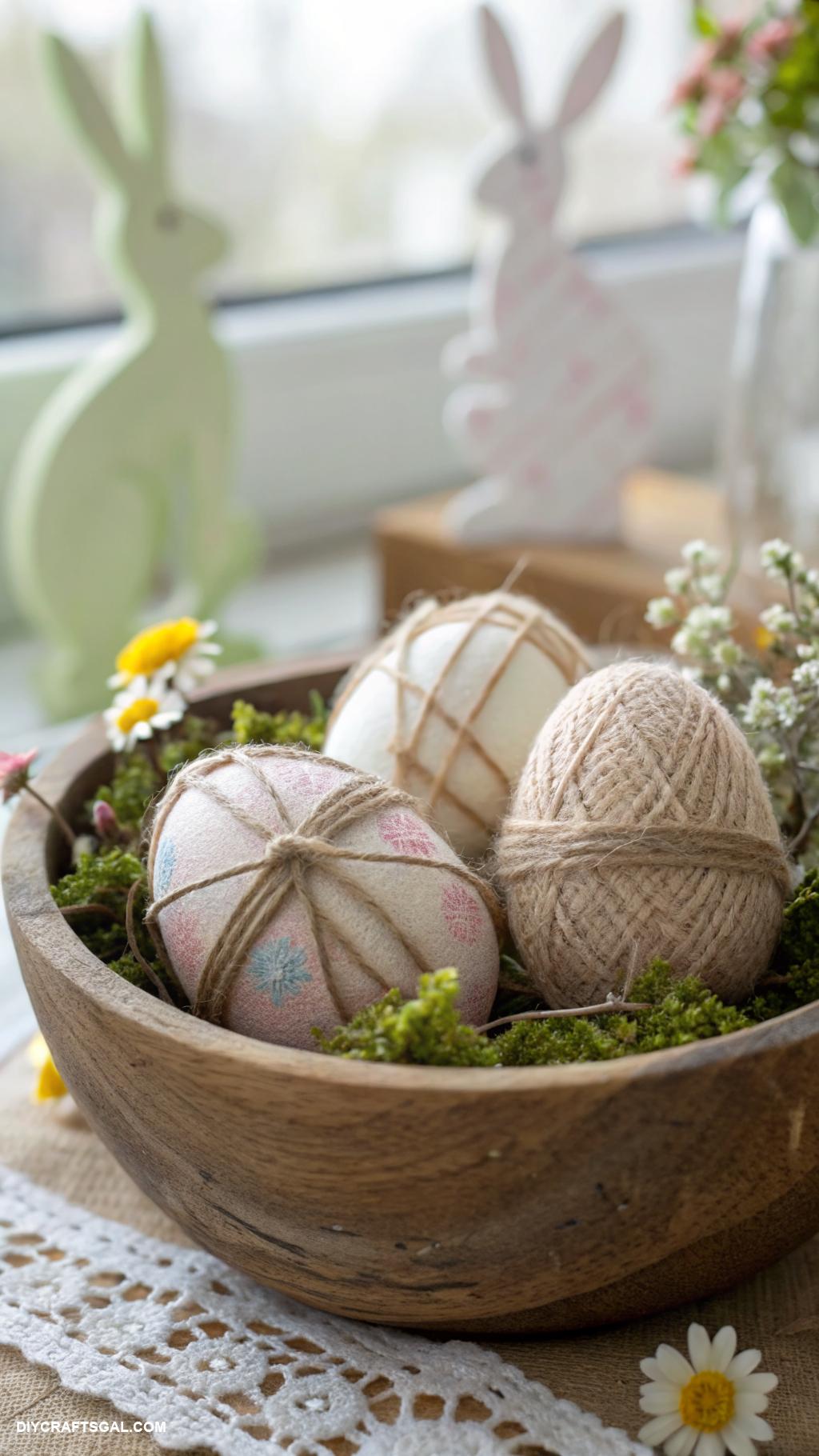 diy easter decorations Twine wrapped eggs for rustic charm