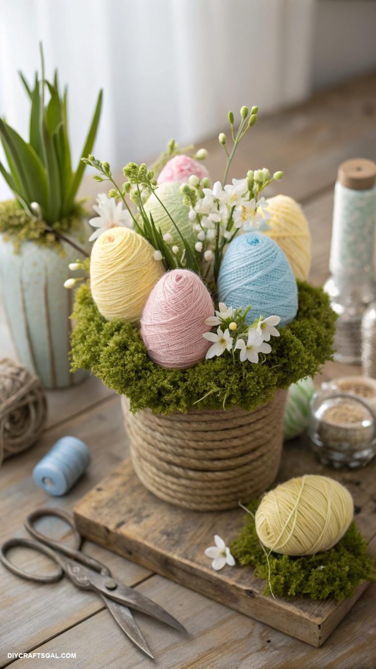 diy easter decorations Yarn wrapped egg bouquet arrangement