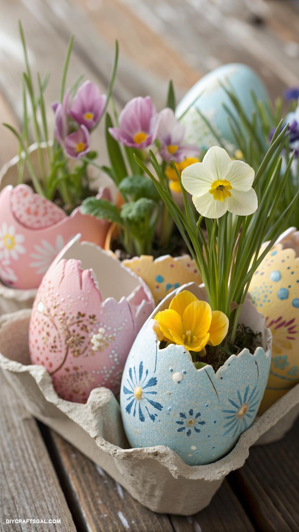 diy easter home decor ideas Eggshell planters with spring flowers