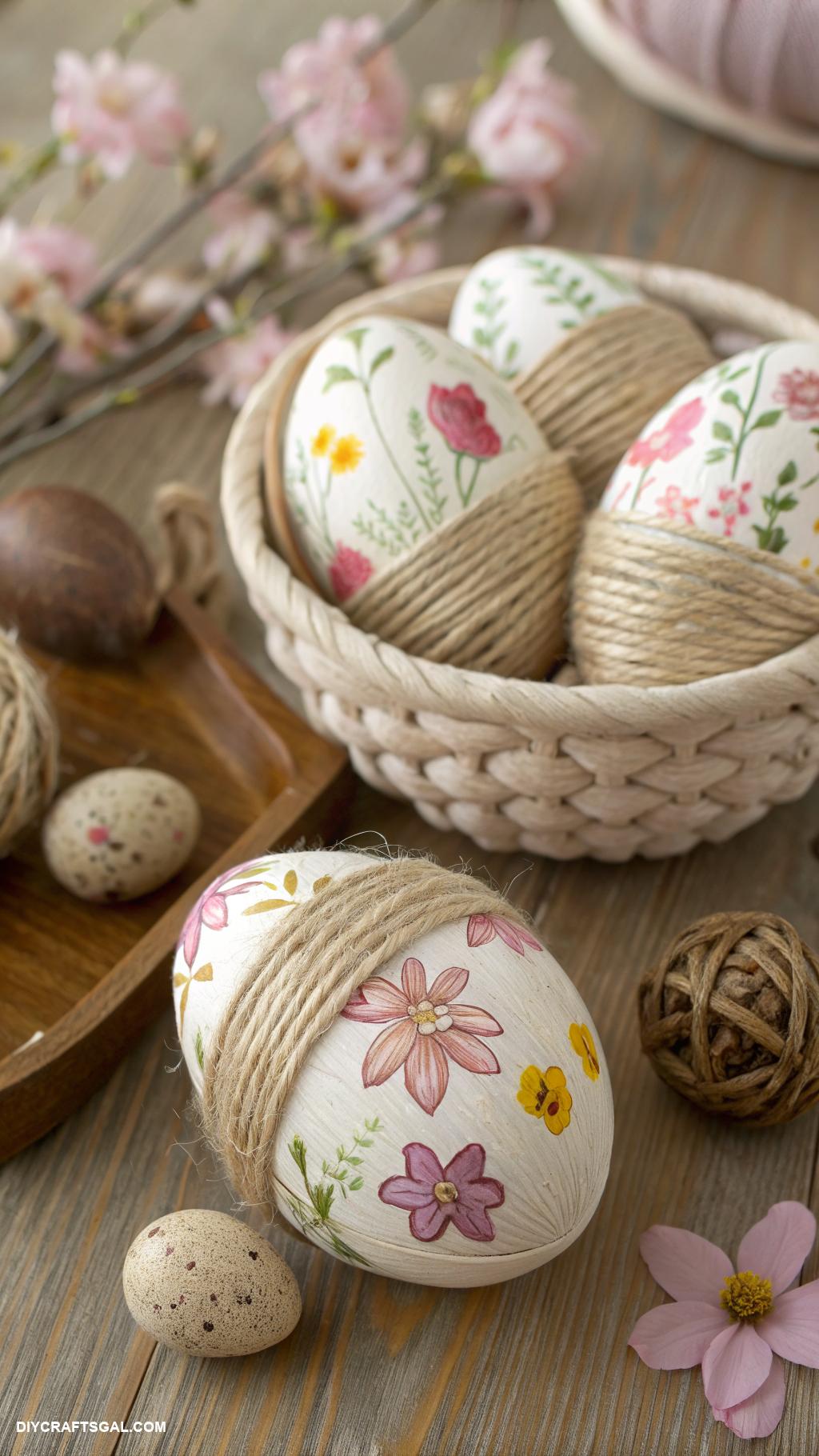 diy easter home decor ideas Jute rope wrapped eggs for rustic look