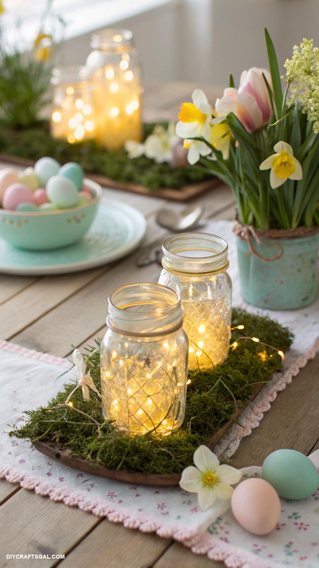 diy easter home decor ideas Mason jar fairy lights for ambiance