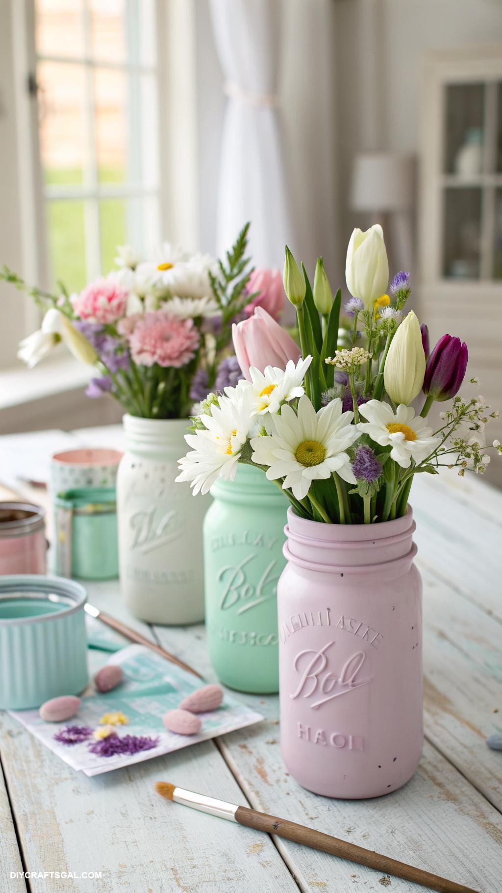 diy easter home decor ideas Painted mason jars as pastel vases