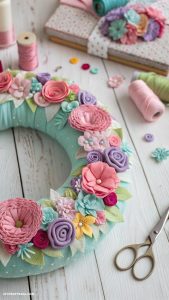 diy spring crafts for adults Upcycled fabric wreath with spring flowers