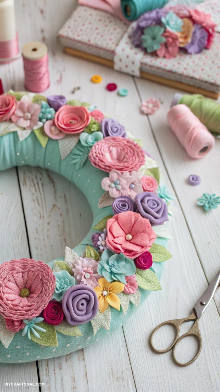 diy spring crafts for adults Upcycled fabric wreath with spring flowers
