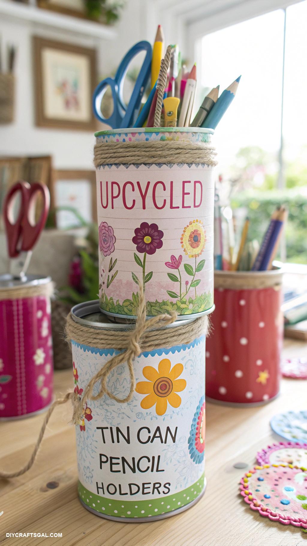 earth day crafts Upcycled tin can pencil holders