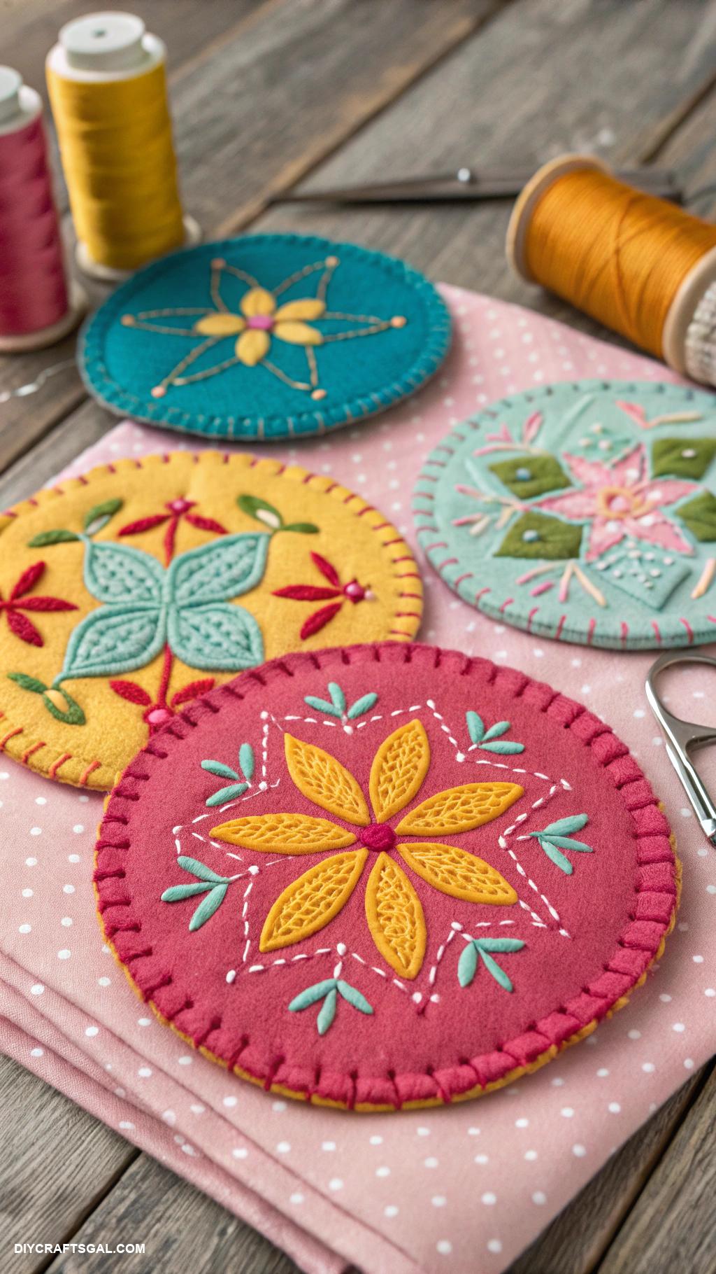 fabric crafts Felt coasters with embroidered designs