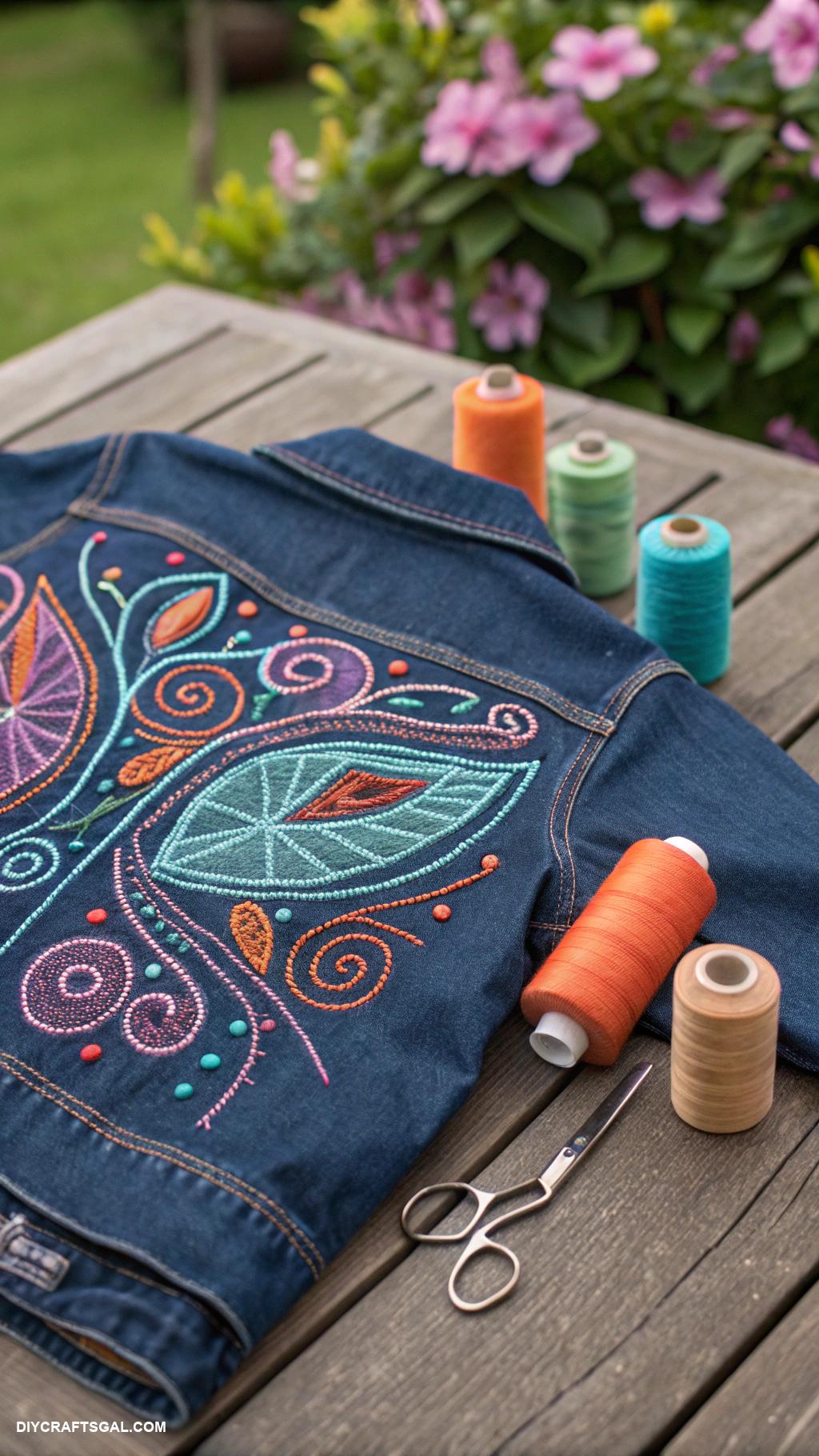 hand embroidery art ideas Abstract shapes on denim jackets
