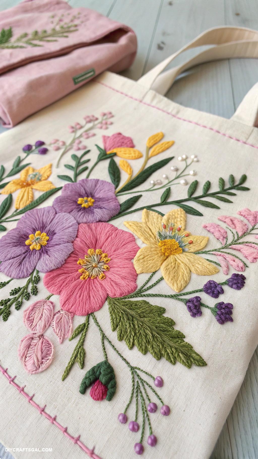 hand embroidery art ideas Floral patterns on canvas bags