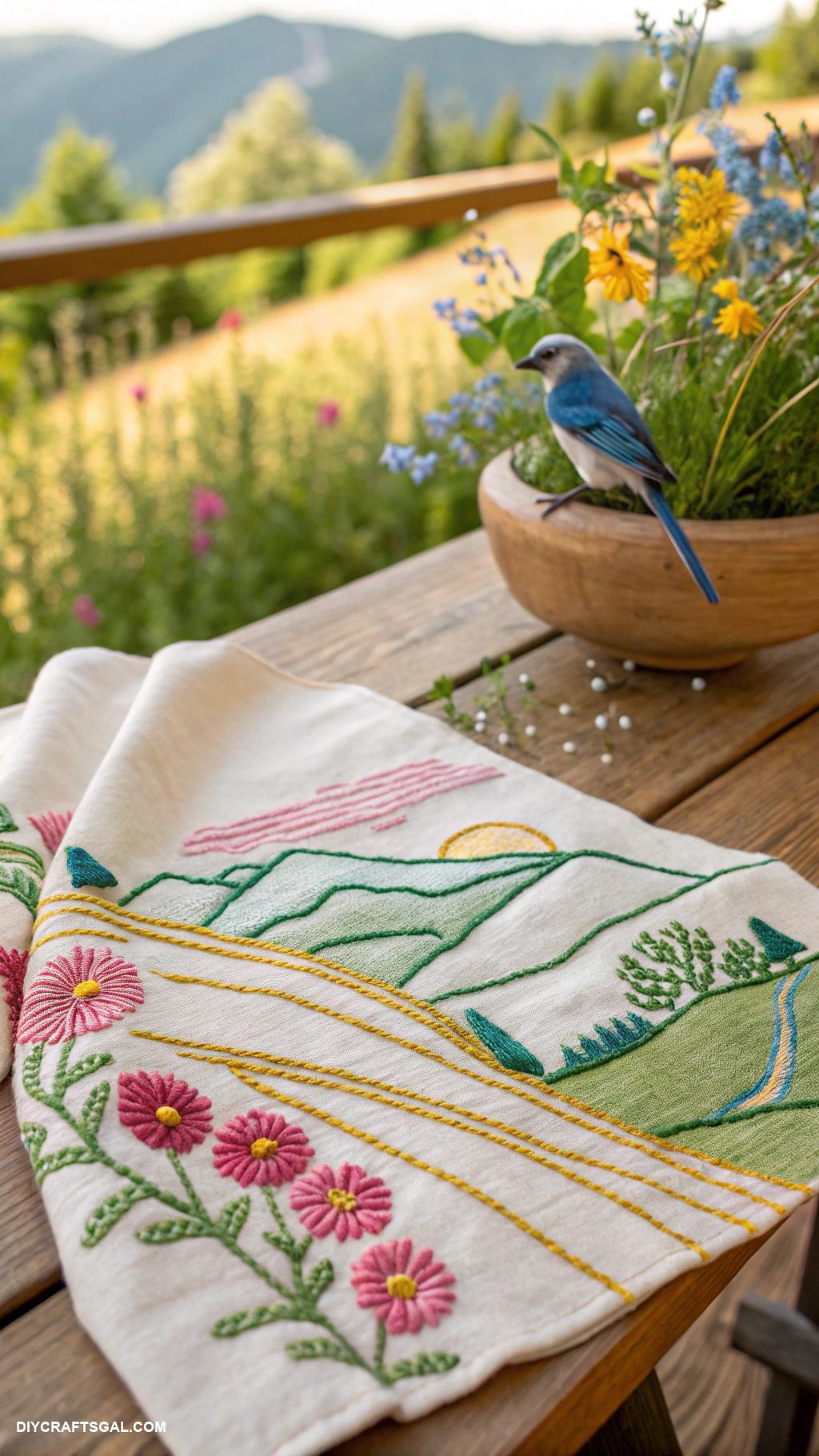 hand embroidery art ideas Nature scenes on tea towels
