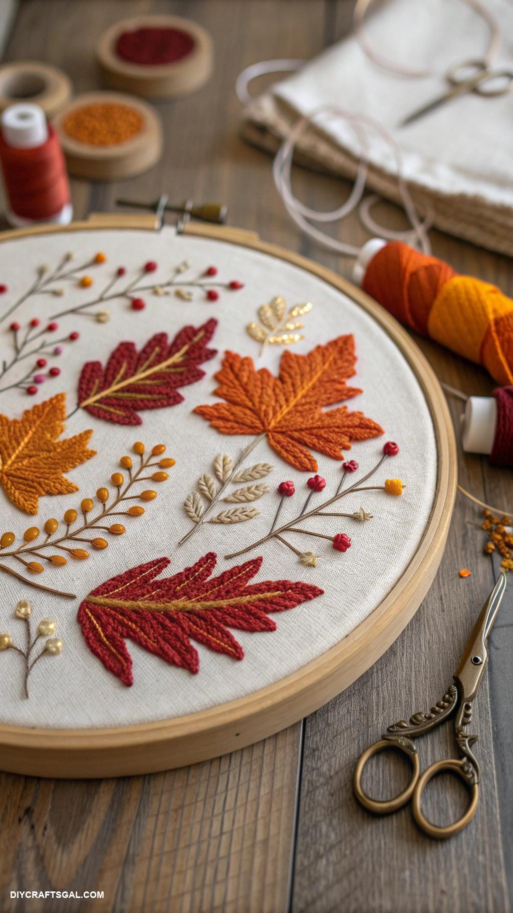 hand embroidery art ideas Seasonal wreaths with stitched leaves