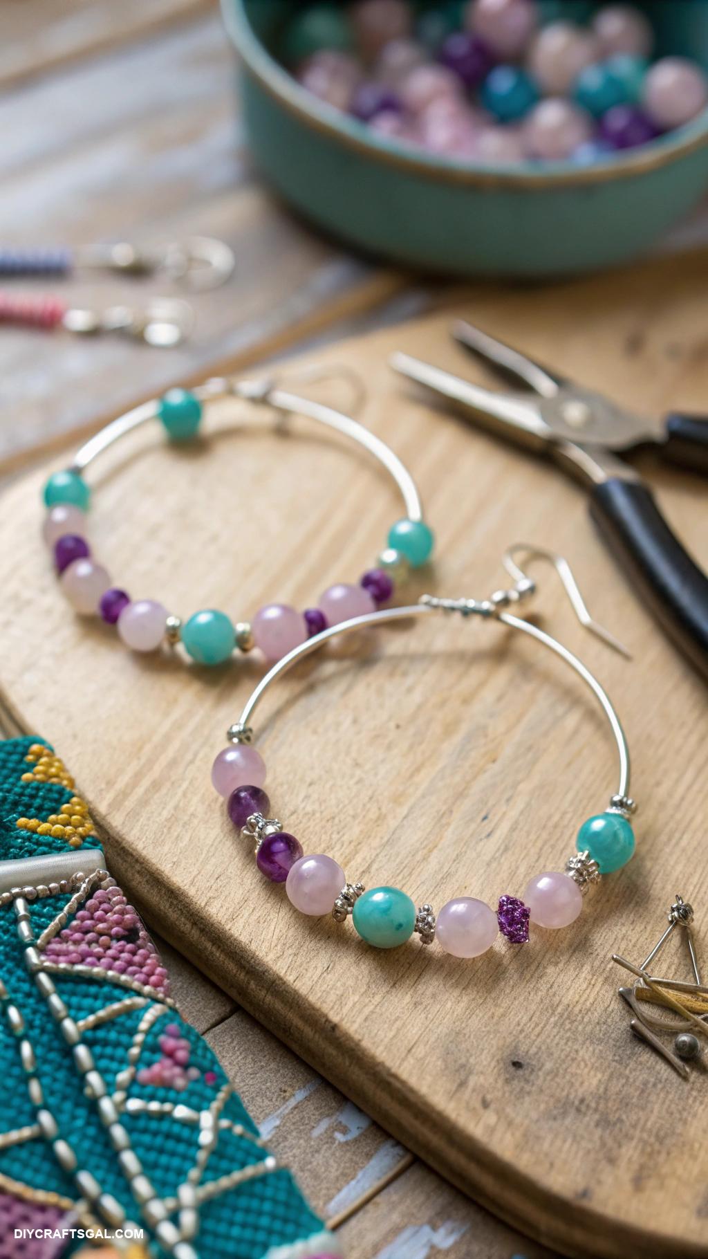 handmade earrings Beaded hoops with natural stones