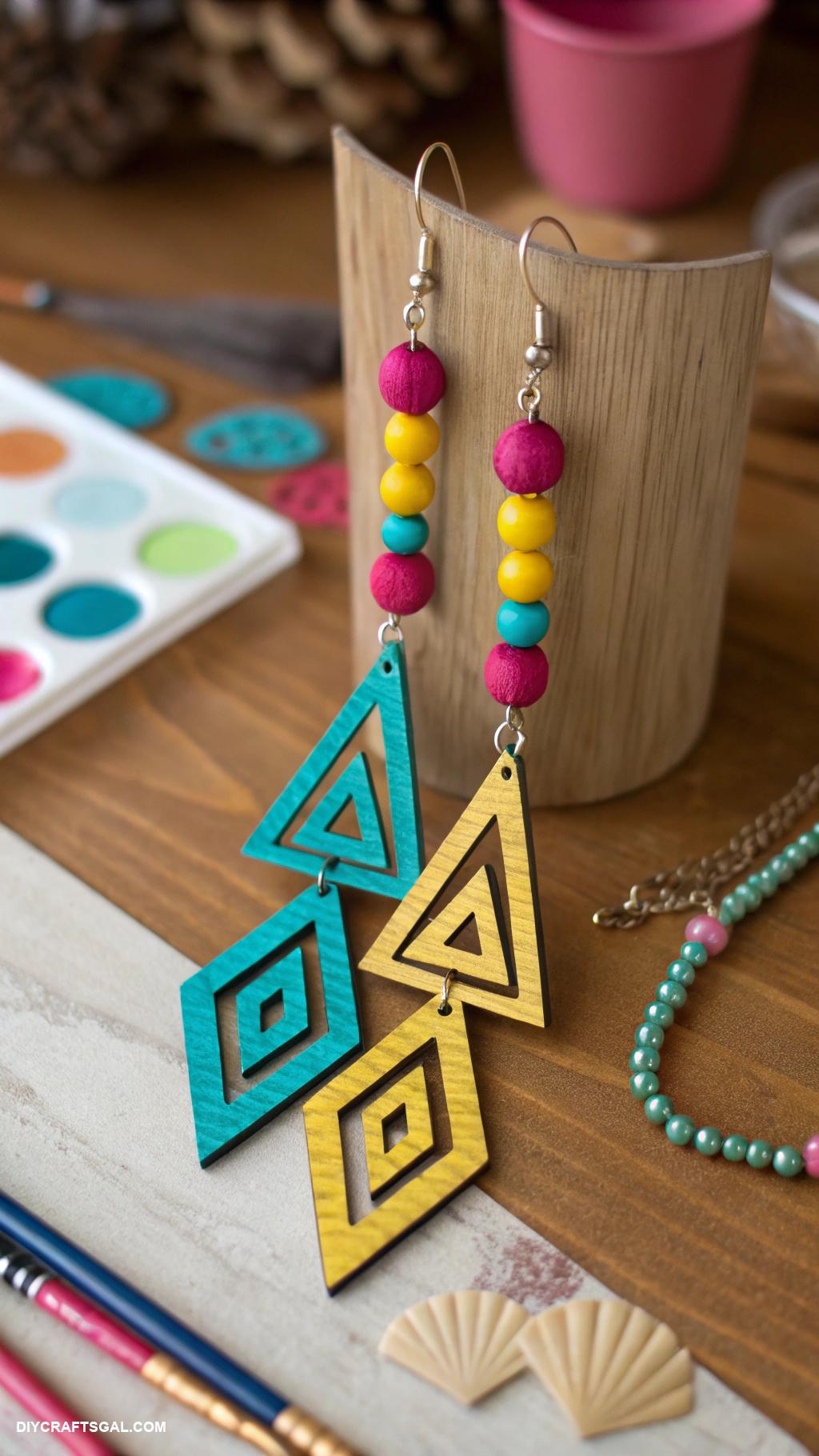 handmade earrings Geometric wooden shapes with bright paint