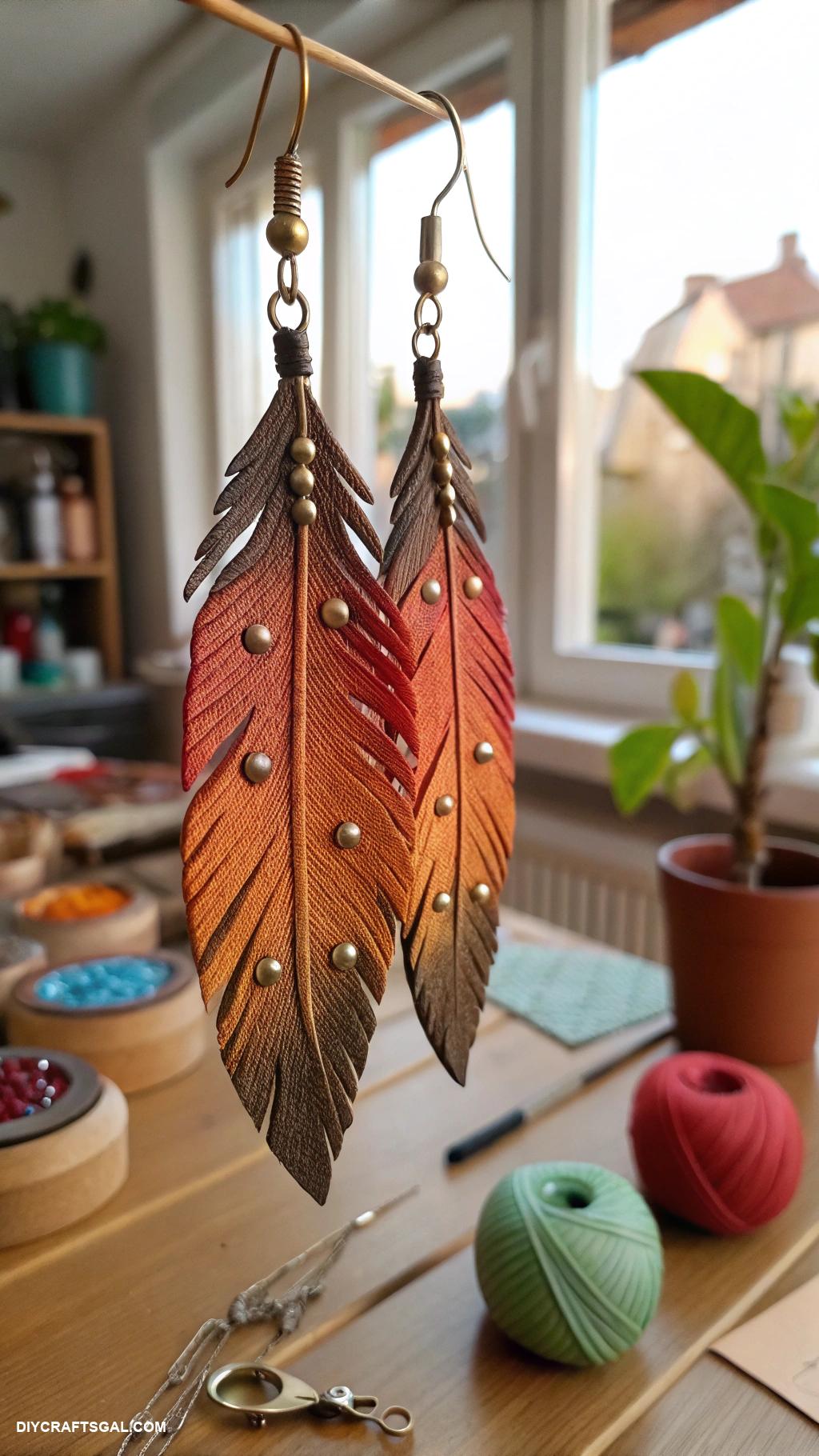 handmade earrings Leather feathers with metallic studs