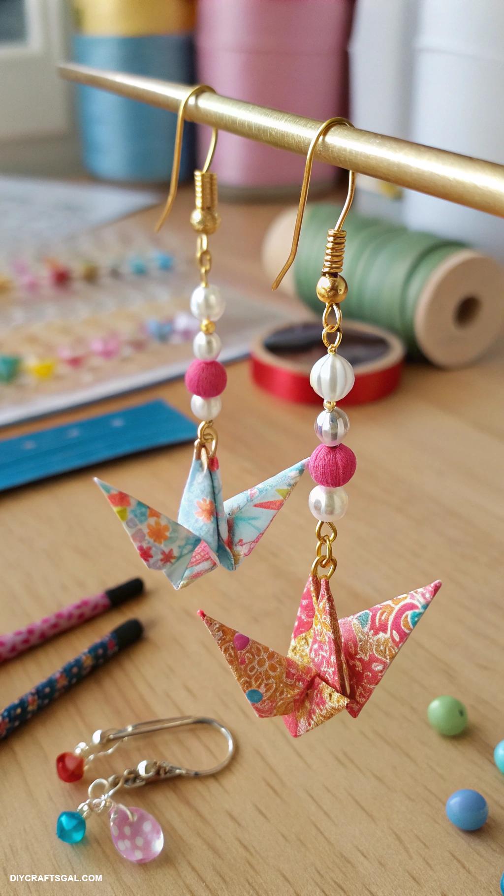 handmade earrings Miniature origami cranes with beads