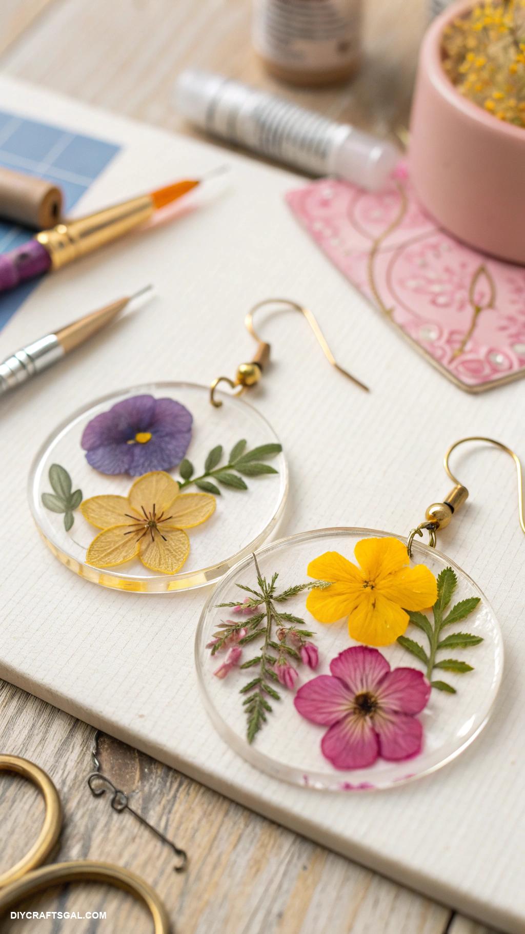 handmade earrings Pressed flowers in resin circles