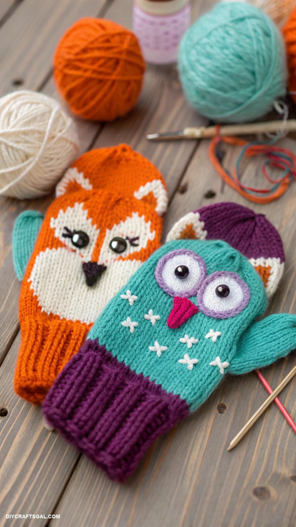 knitted mittens ideas Funky animal face themed mittens