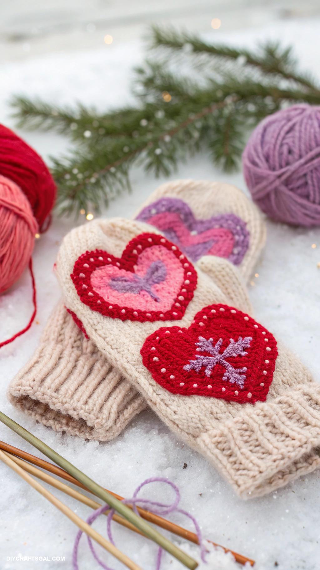 knitted mittens ideas Heart shaped appliquy on mittens