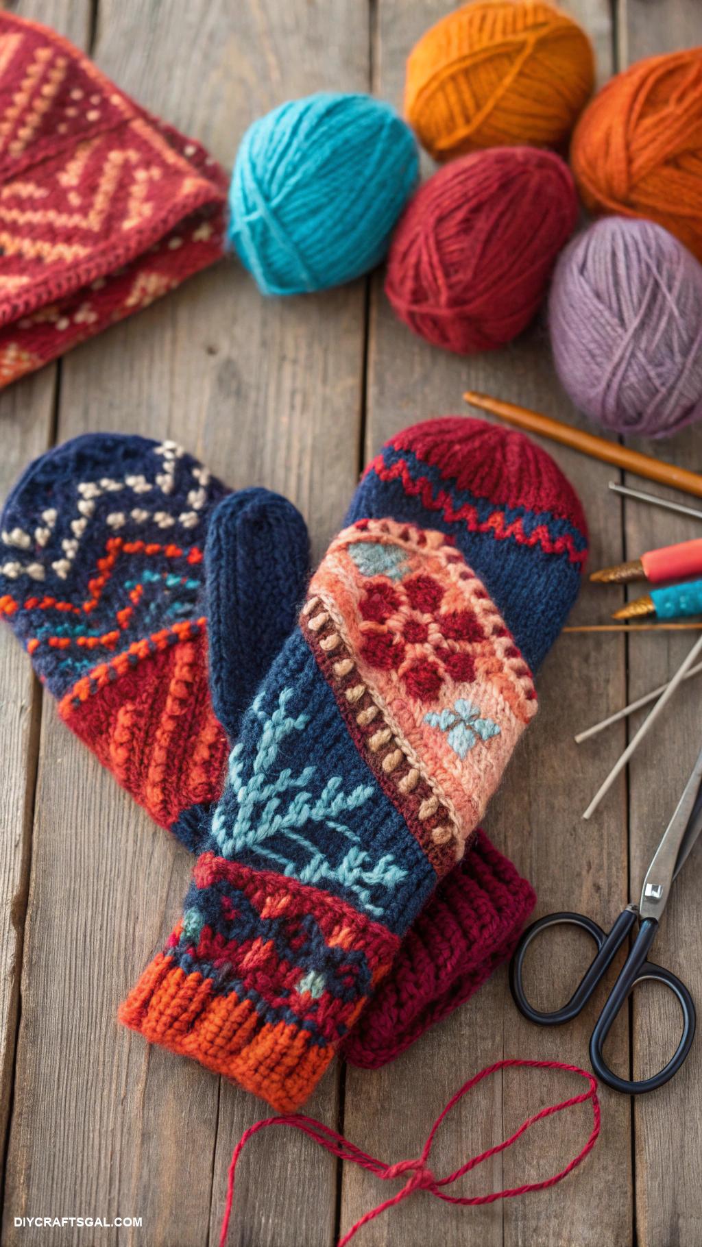 knitted mittens ideas Patchwork style mixed yarn mittens