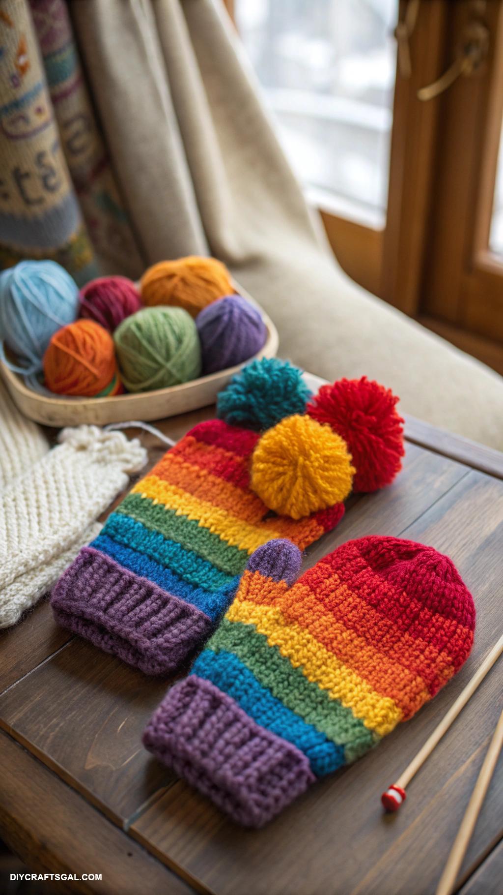knitted mittens ideas Rainbow striped cozy mittens