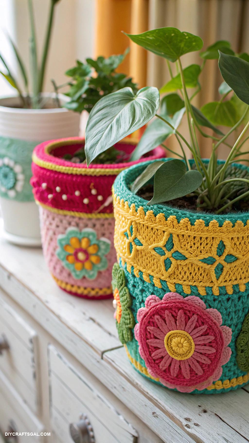 spring crochet ideas Crocheted plant pot covers in vibrant colors