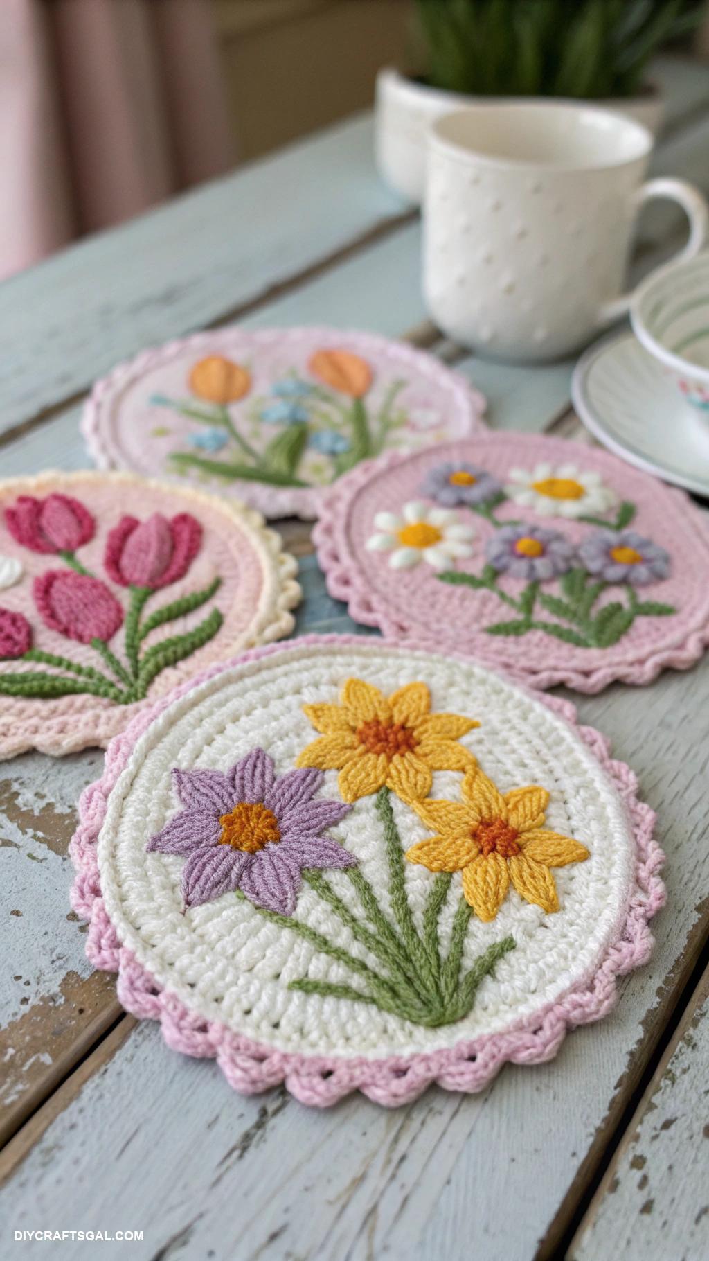 spring crochet ideas Spring themed coasters with floral patterns