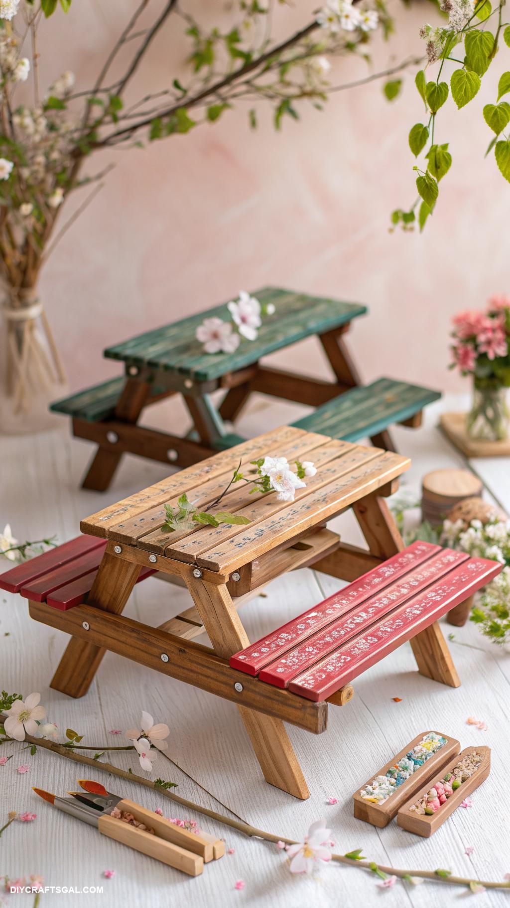 spring wood crafts to sell Miniature wooden picnic tables for decor
