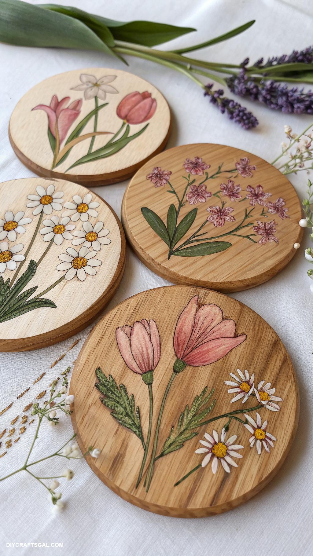 spring wood crafts to sell Spring themed wooden coasters with floral motifs