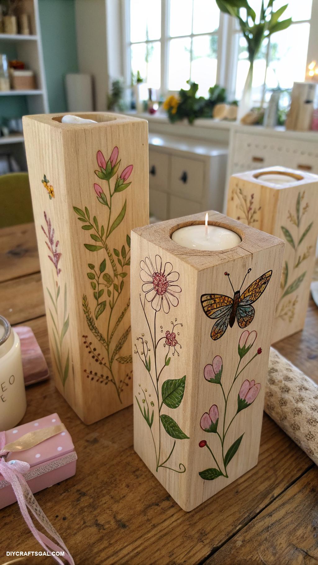 spring wood crafts to sell Wooden candle holders with spring designs