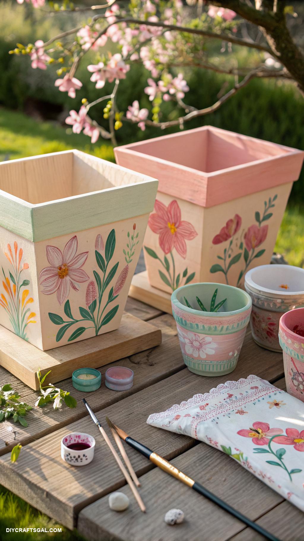 spring wood crafts to sell Wooden flower planters with painted designs