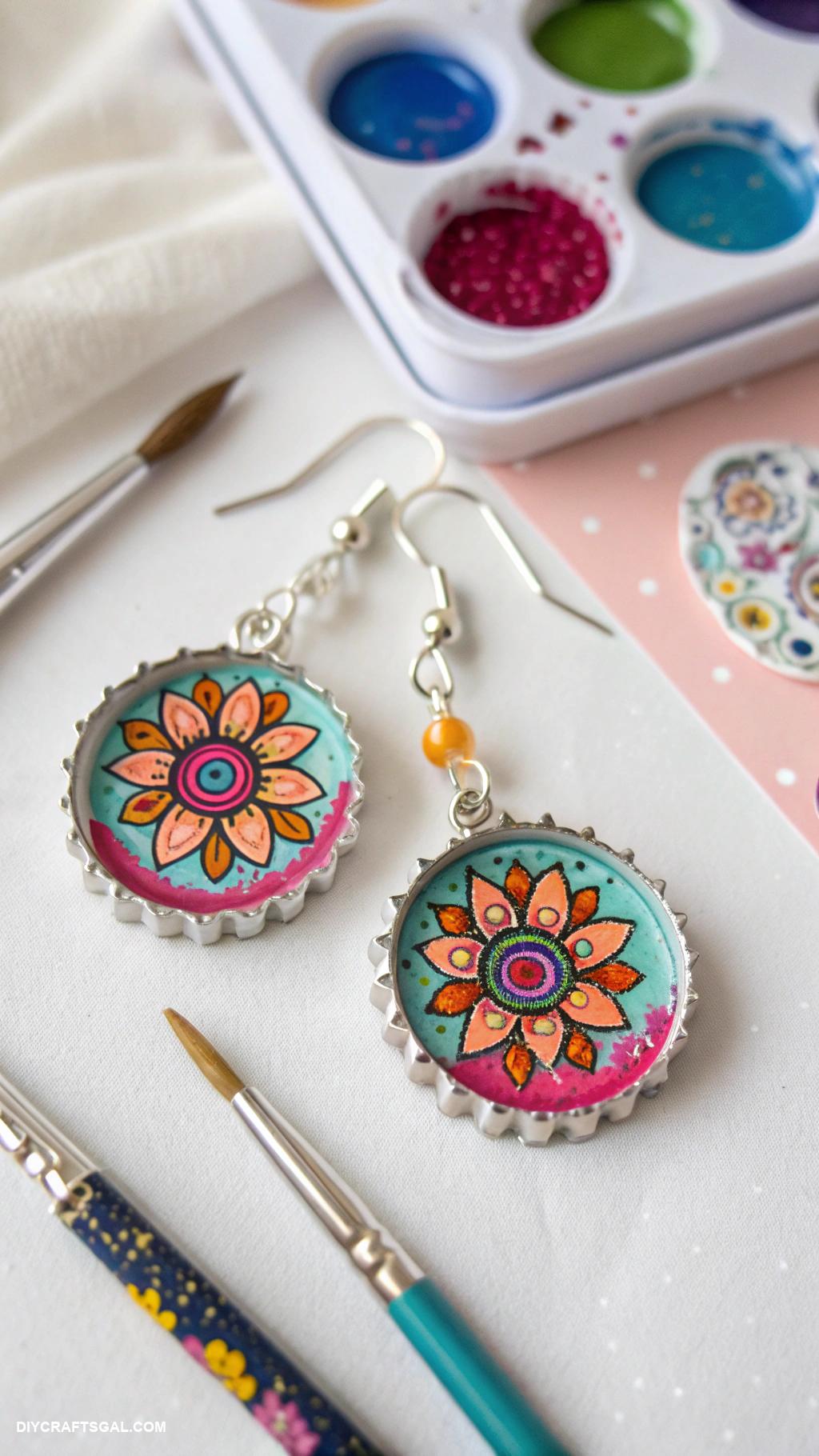 upcycle jewelry ideas Bottle cap earrings with colorful paint